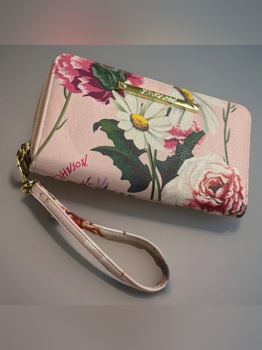 Betsey Johnson Pink Floral Wristlet Clutch with Gold Hardware